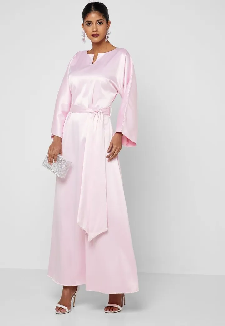 Self Tie Satin Maxi Dress Pink