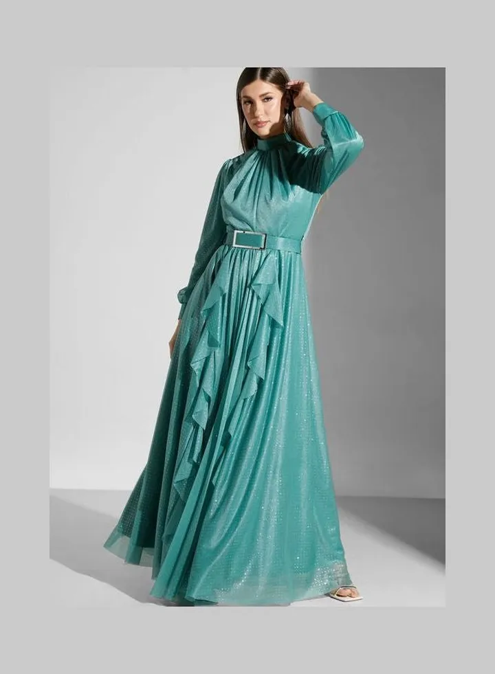 Waterfall Frill Dress Blue