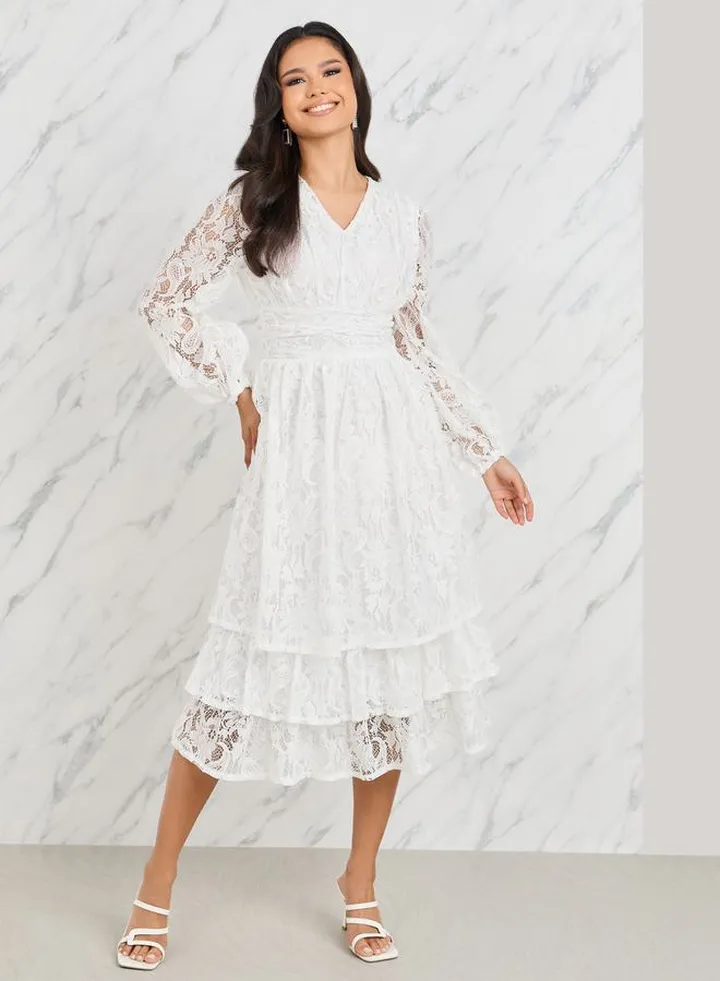 Lace Detail Bishop Sleeve Tiered Midi Dress