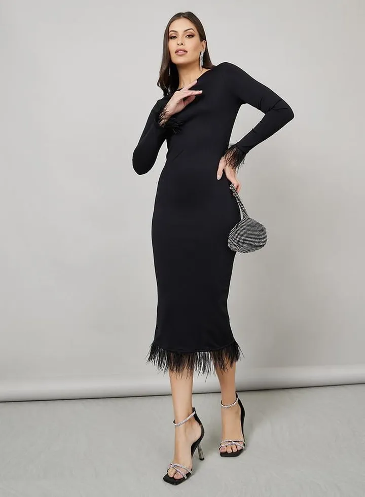 Faux Feather Trim Bodycon Midi Dress