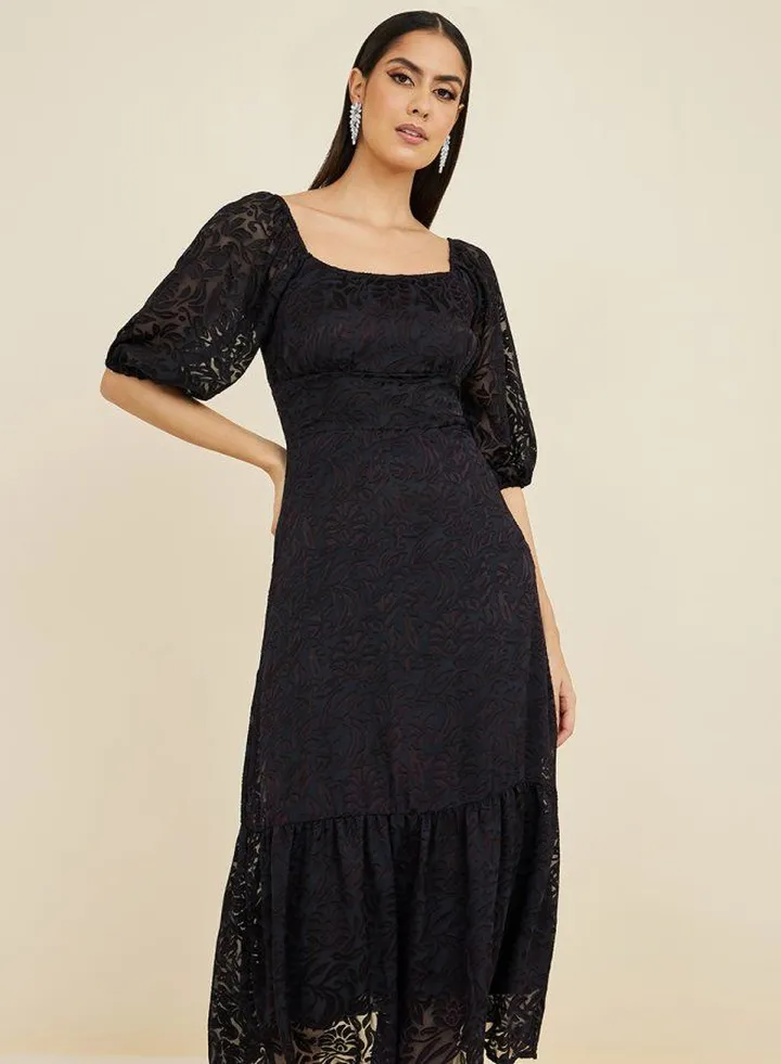 Short Sleeves Jacquard Texture A-Line Midi Dress