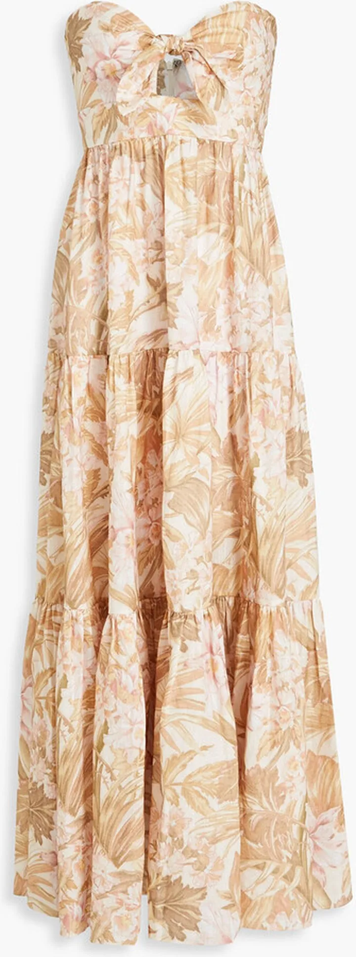 Strapless tie-front tiered linen maxi dress