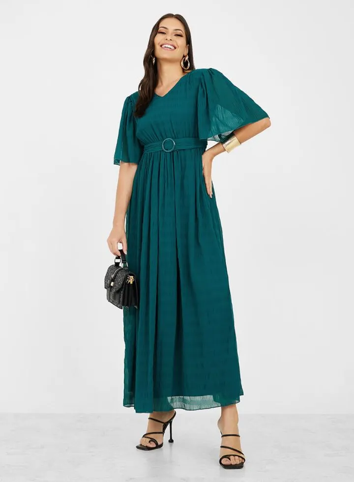 V Neck Textured Maxi Dress with Belt