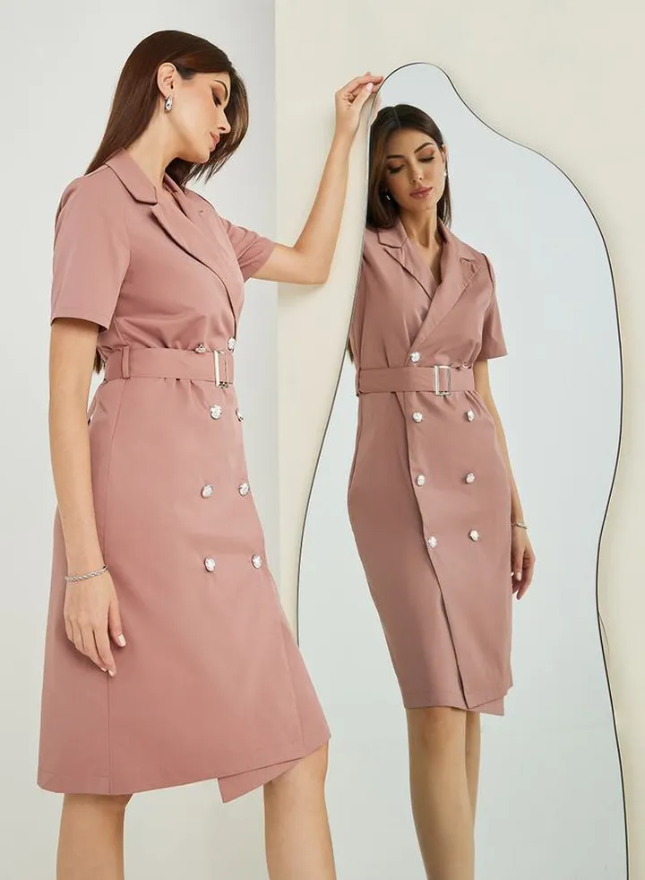 Notch Lapel Belted Blazer Knee Length Dress