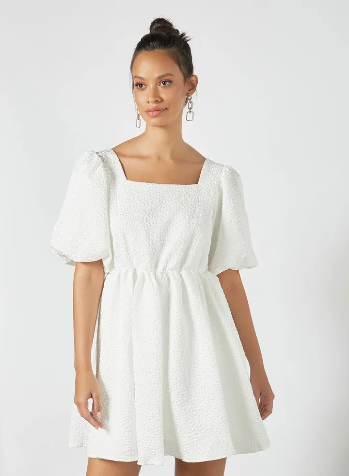Jacquard Puff Sleeve Mini Dress Ivory