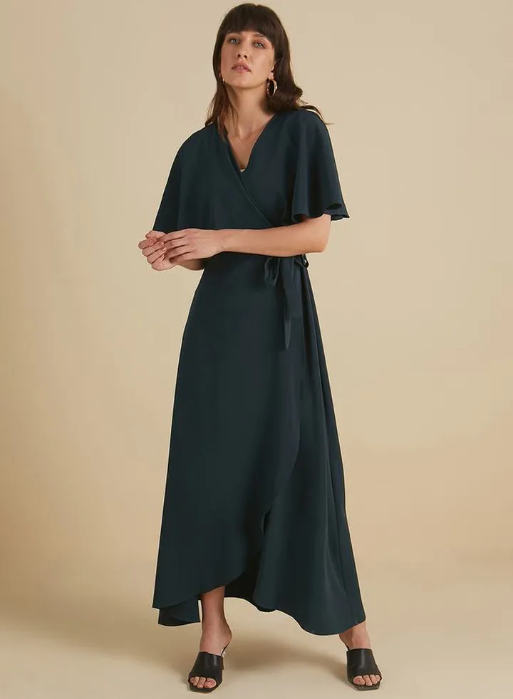 Cape Sleeves Ruffle Detail Wrap Maxi Dress