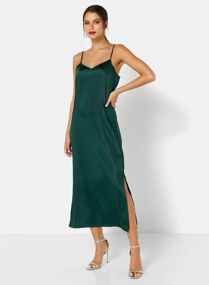 Satin Slit Midi Dress