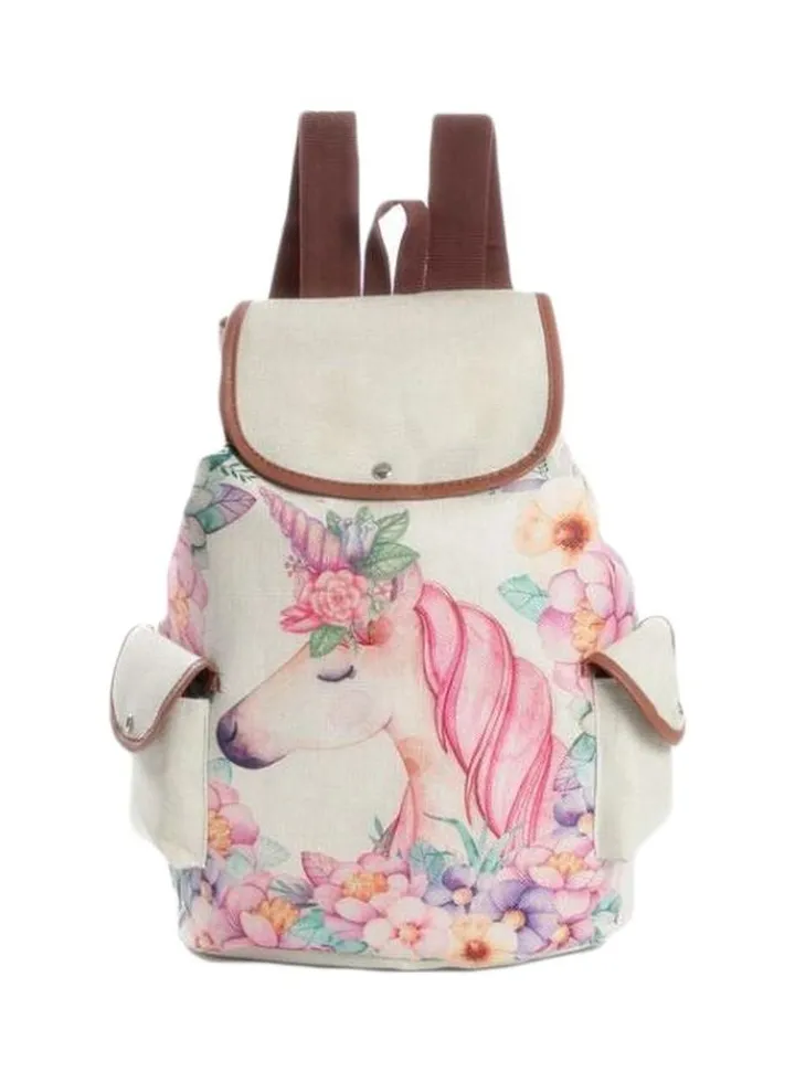 Unicorn Printed Linen Backpack Beige/Pink/Brown