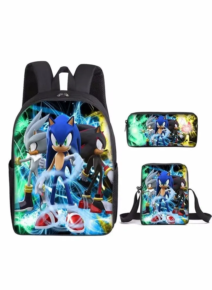3 pcs/Set Sonic Hedgehog 16 inch School Bag for Boys Girls Kids Backpack Child Crossbody Satchel Pencil Case Children