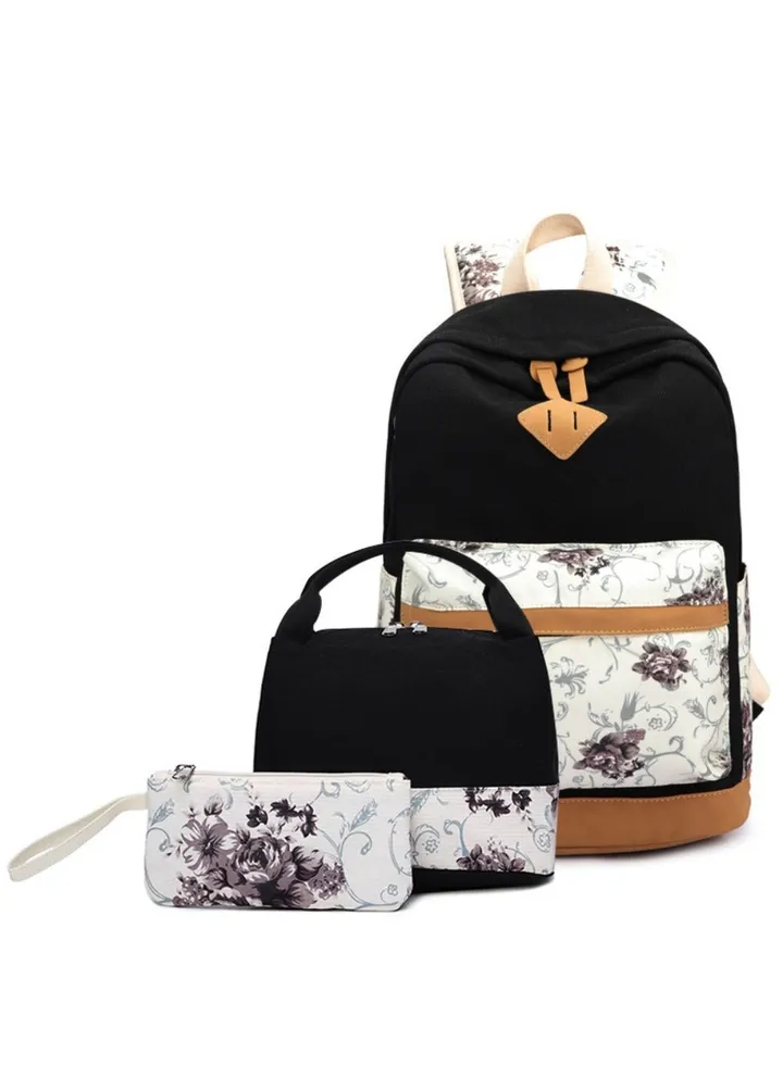 Printed Zipper Kids Backpack Set - Black/White/Purple