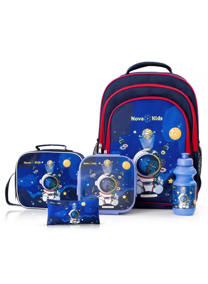 Nova Kids 16 Inch School Bag with Lunch Bag, Pencil Pouch, Lunch Box and Water Bottle - Astronaut - Blue