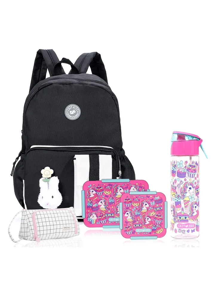 Eazy Kids School Bag Combo Set of 5 Unicorn-Pink Black
