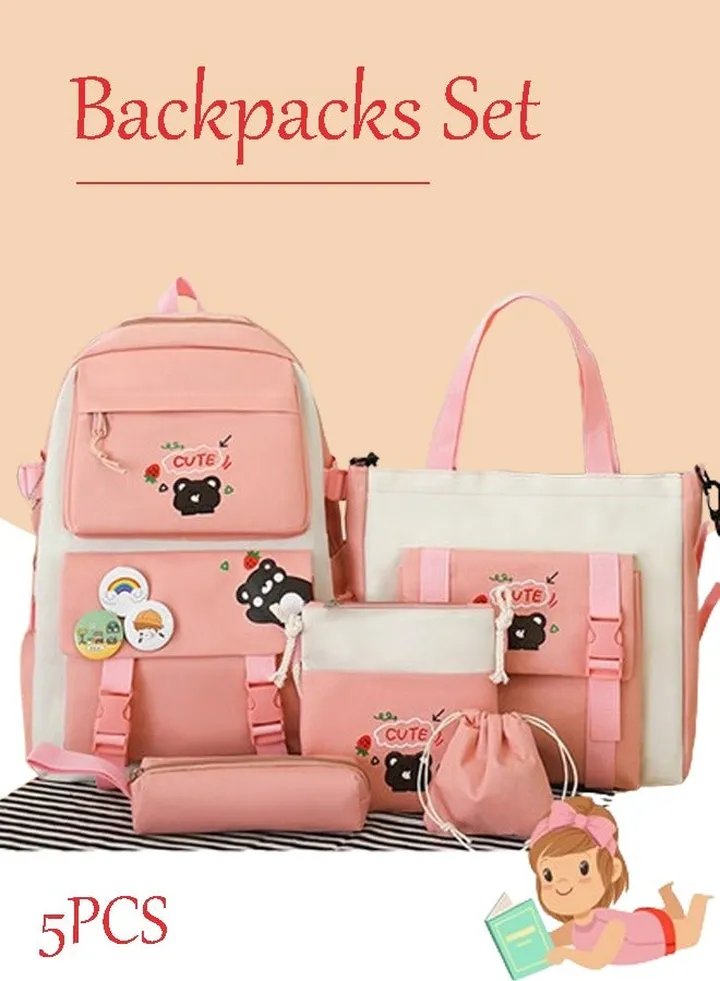 5 Piece Canvas Backpack Set Teen Girls Boys Backpacks School Bags Teen Girls Cute School Bags Student School Bag Set Canvas Backpacks Shoulder Bags Travel Backpacks Casual Backpacks