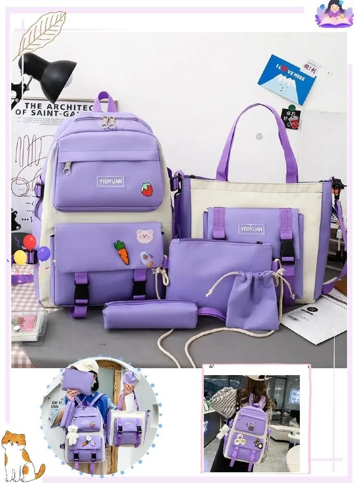 5 Pcs adult Backpack School Bags Set Backpacks with Pendant Lunch Bag Pencil Case Handbag Coin Purse for Teen Girls School Backpack(Purple)