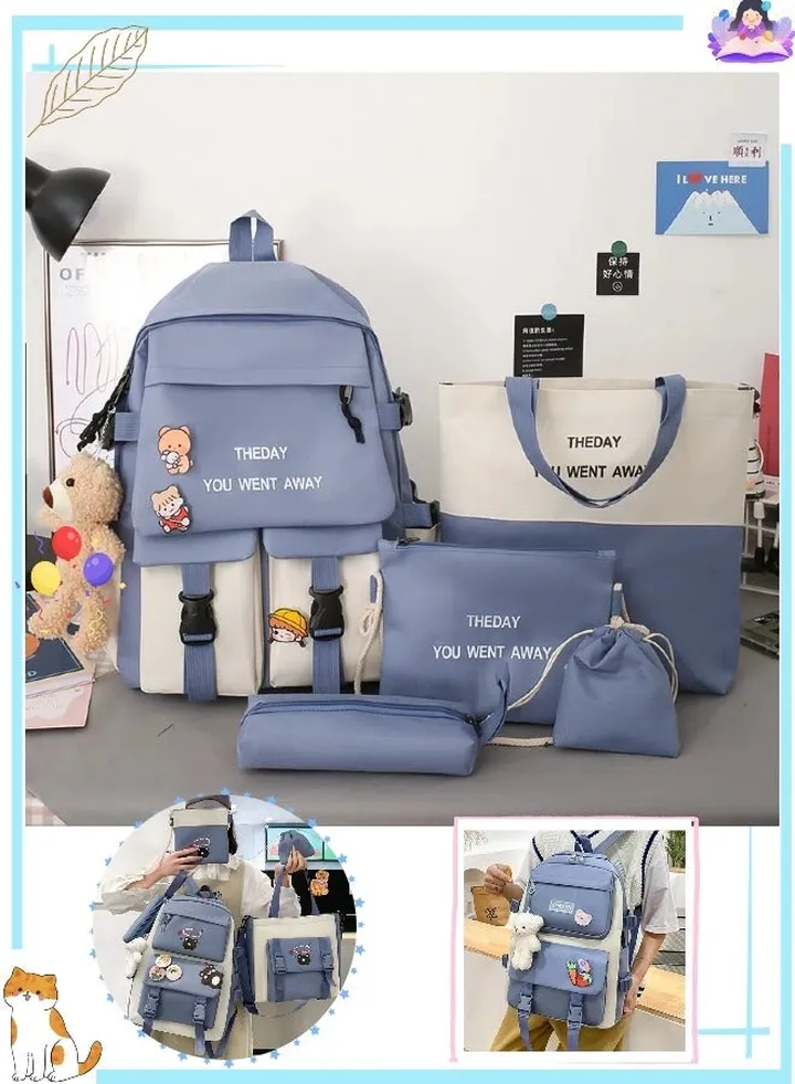 5 Pcs adult Backpack School Bags Set Backpacks with Pendant Lunch Bag Pencil Case Handbag Coin Purse for Teen Girls School Backpack(Blue)