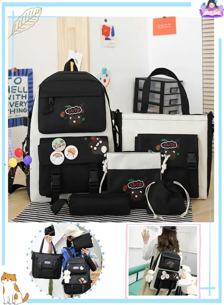 5 Pcs adult Backpack School Bags Set Backpacks with Pendant Lunch Bag Pencil Case Handbag Coin Purse for Teen Girls School Backpack(Black)