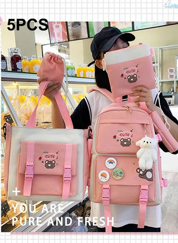 5pcs School Bags Set Kawaii Backpacks with Pendant Lunch Bag, Pencil Case, Handbag, Coin Purse for Teen Girls School Backpack