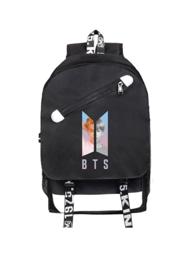 BTS Bangtan Boys Backpack School Backpack with USB Charging Port Black/White