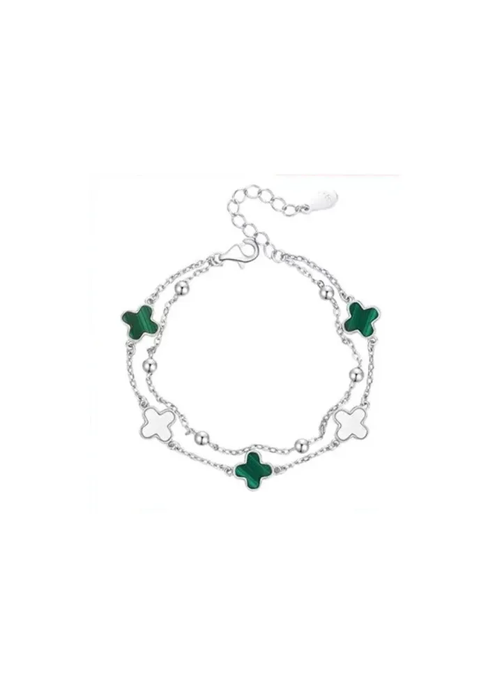 White Gold Malachite Clover Bracelet