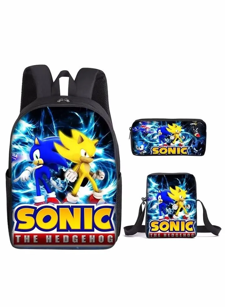 3 pcs/Set Sonic Hedgehog 16 inch School Bag for Boys Girls Kids Backpack Child Crossbody Satchel Pencil Case Children
