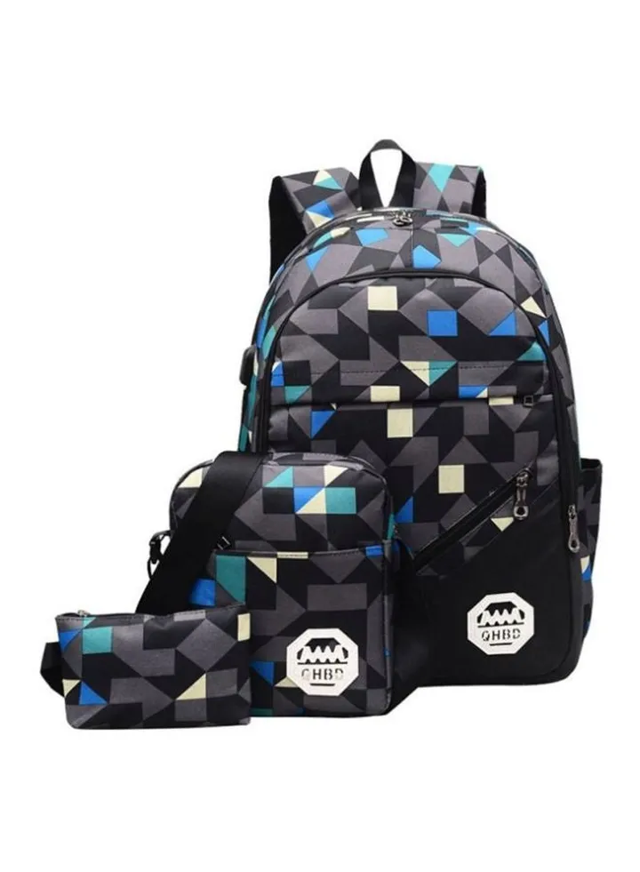 3-Piece Kids Backpack Set Black/Blue/Grey