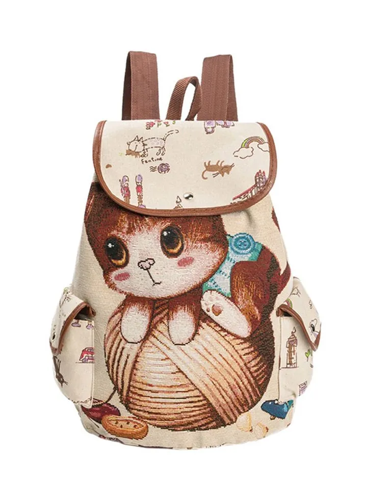 Cartoon Printed Canvas Backpack Beige