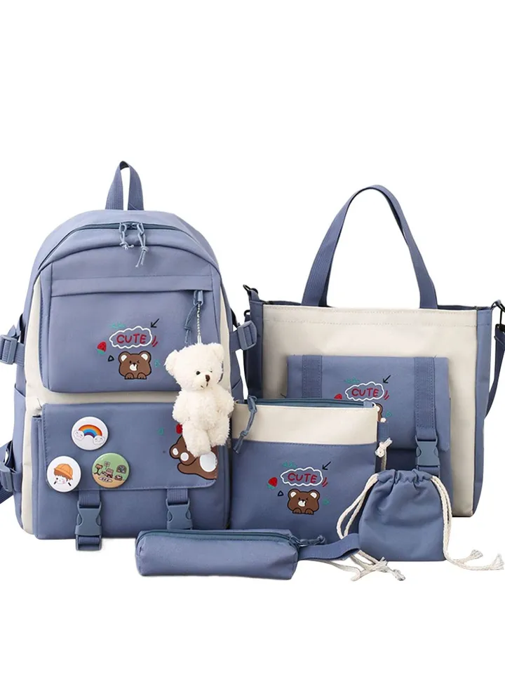 Teen Bookbag Anti-Theft Backpack Multi Pockets Waterproof Daypack 5Pcs Student Crossbody Shoulder Bags Oxford Handbag Boys Blue+ Bear