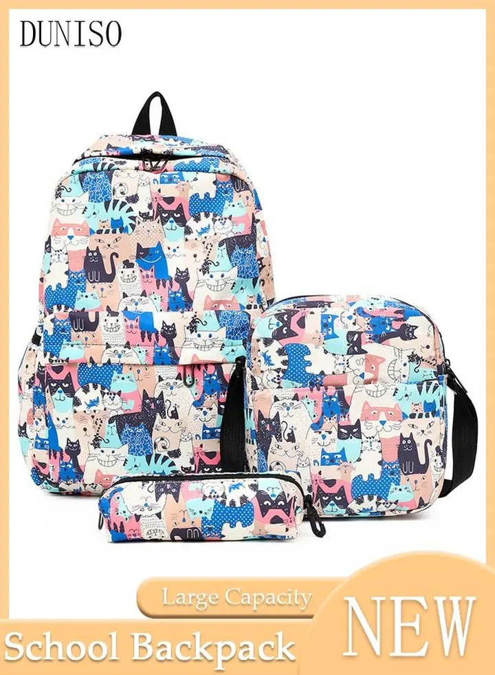 3-Piece School Backpacks for Teen Girls 3 In 1 School Bookbags Set Lunch Bag Pencil Case Travel Lightweight Daypack Multicolor Kids' School Bag