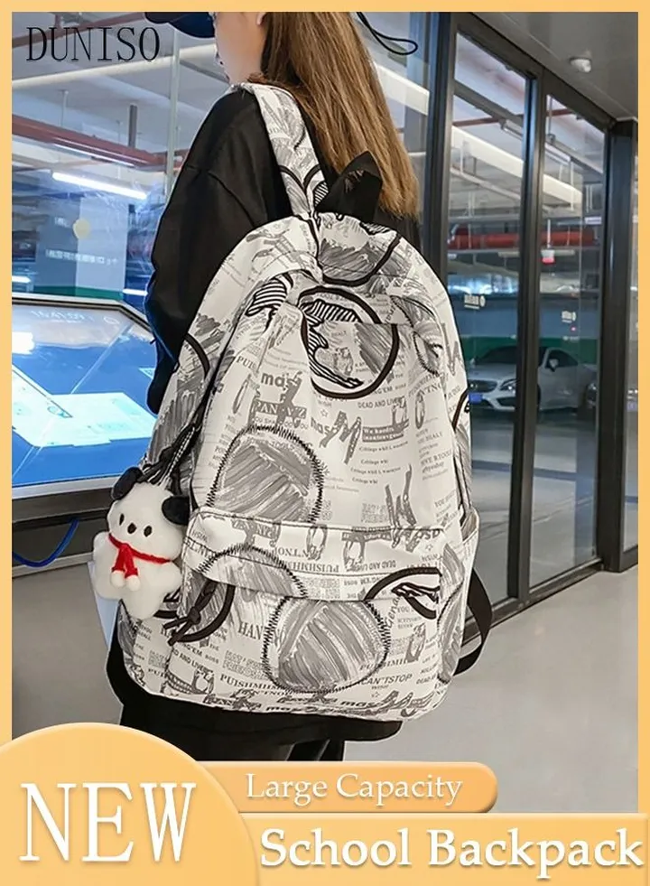 School Backpack Large Capacity Multi-pocket Students Backpack School Bag Fashion Graffiti Book Bags Waterproof Wear-resistant Backpacks for Teen College Students Laptop Bag for Casual Travel (White)