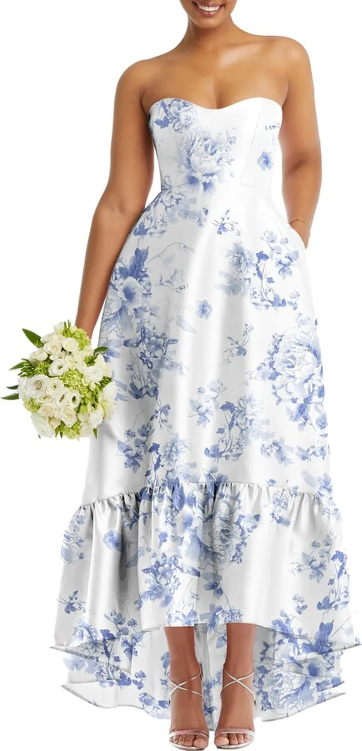 Strapless Floral Ruffle High-Low Gown