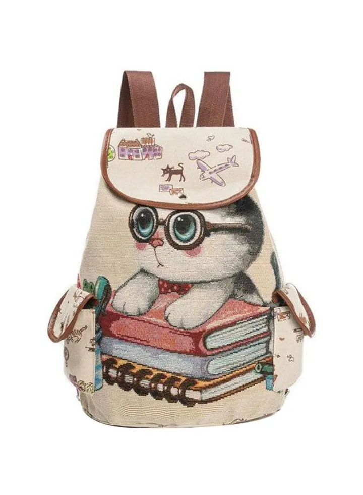 Cat Printed School Backpack Beige/Brown