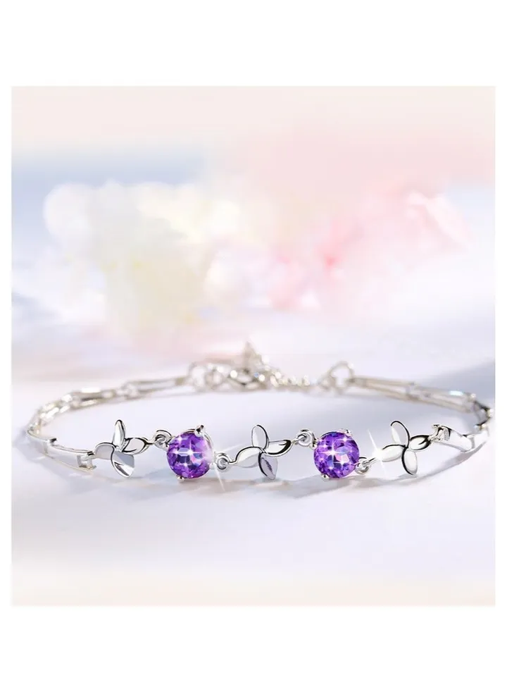 Silver Clover Purple Diamond Bracelet