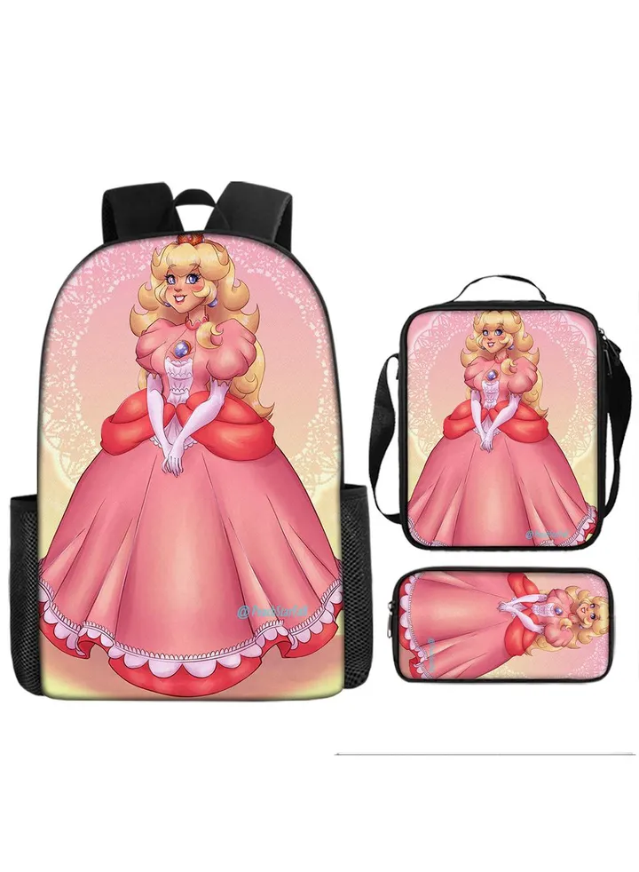 3 Pcs Princess Peach School Bag Satchel Pencil Case Animated Game Super Mario Gifts For Kids Birthday Gift Start Of School Gift
