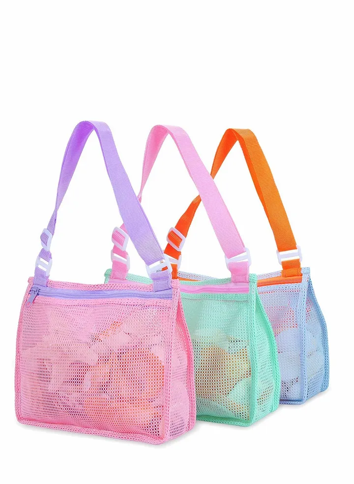 Beach Toy Mesh Bag, Adjustable Kids Shell Collecting Bag Beach Sand Toy Totes for Holding Shells Beach Toys Sand Toys Swimming Accessories for Boys and Girls, Only Bags, 3 Pcs
