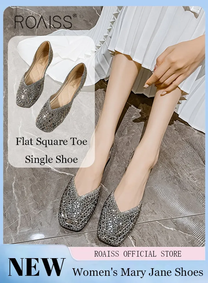 Square Toe Mary Jane Shoes with Rhinestone Detail Flat Single Shoes Stylish and Versatile for Women