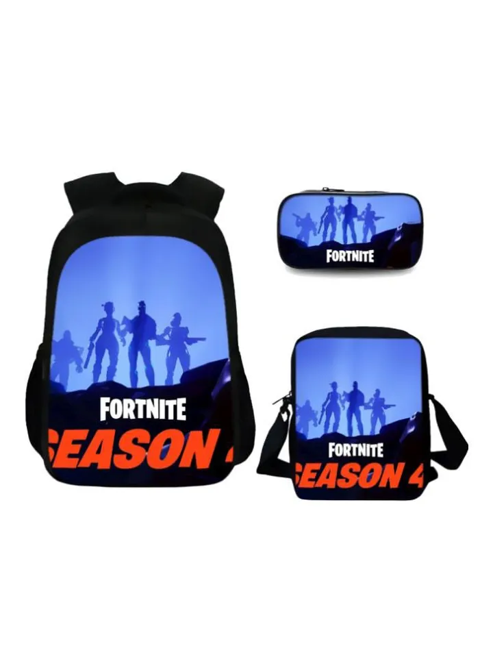 3-Piece 3D Printed Fortnite Game Backpack Set Blue/Black/White