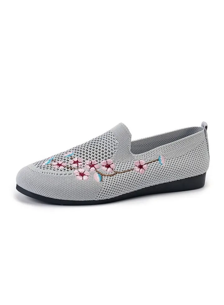 Women's Knit Flat Shoes, Floral Embroidered Low Top Slip On Shoes, Breathable Casual Flats