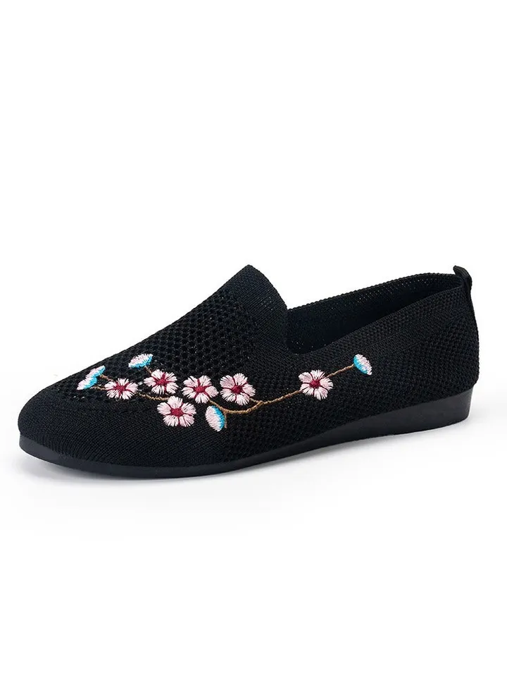 Women's Knit Flat Shoes, Floral Embroidered Low Top Slip On Shoes, Breathable Casual Flats