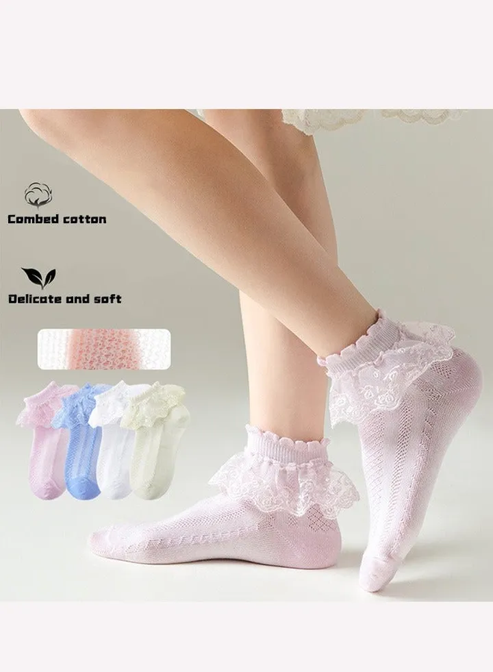Children's princess socks lace socks breathable combed cotton dance socks 4 pairs white/pink/blue/beige