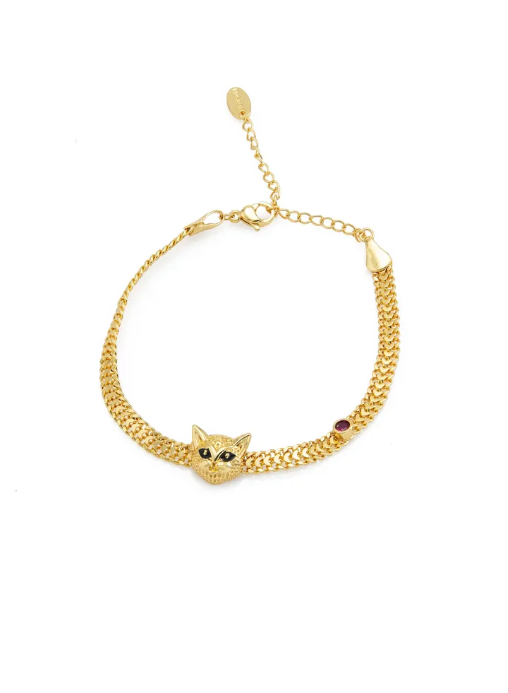A chain bracelet with a cat face and a colorful bead