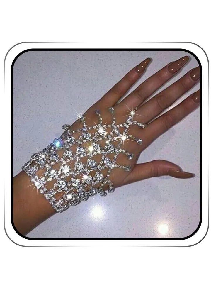 1 pcs Rhinestone Ring Bracelets Crystal Hand Chain Silver Finger Ring Bracelet Sparkly Full Hand Harness Jewelry Accessories