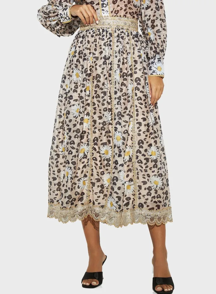Lace Detailed Printed Skirt
