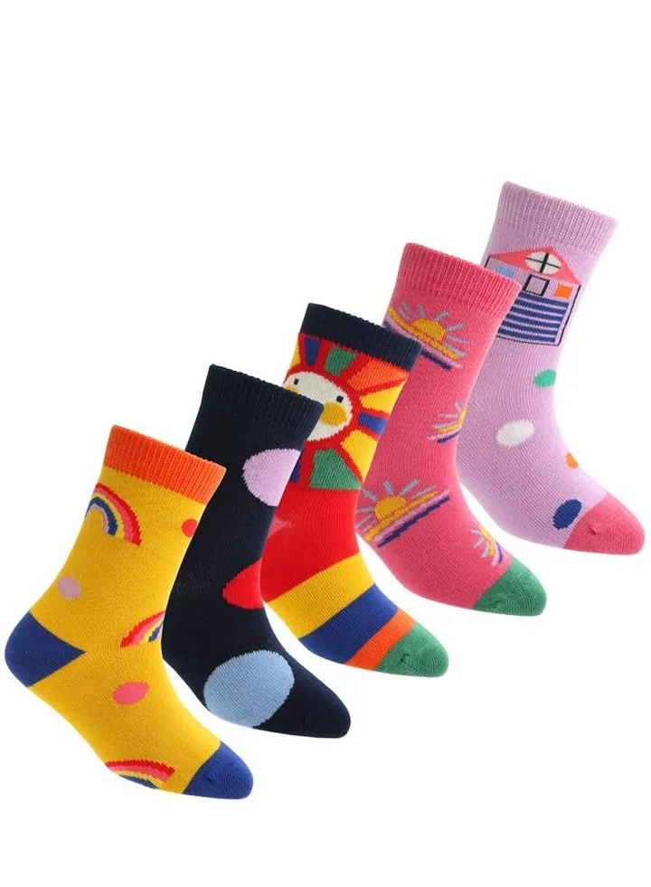 Pack of 5 Cartoon Sun Girls Toddler Crew Socks