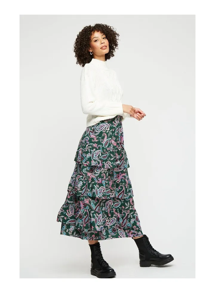 Green Paisley Ruffle Midi Skirt