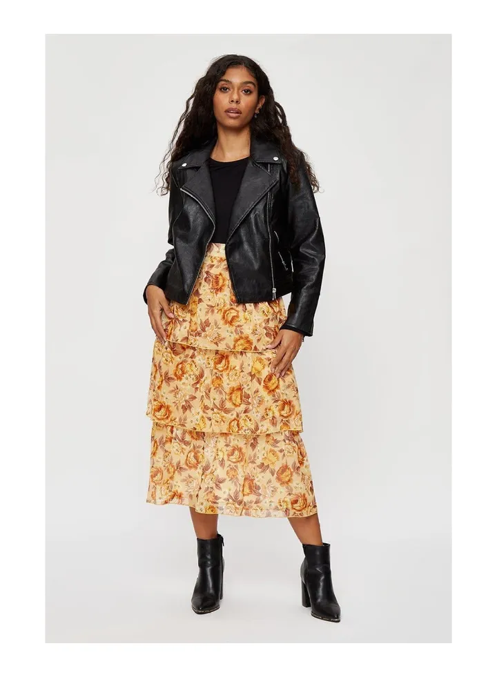 Petite Ochre Floral Chiffon Tiered Midi Skirt