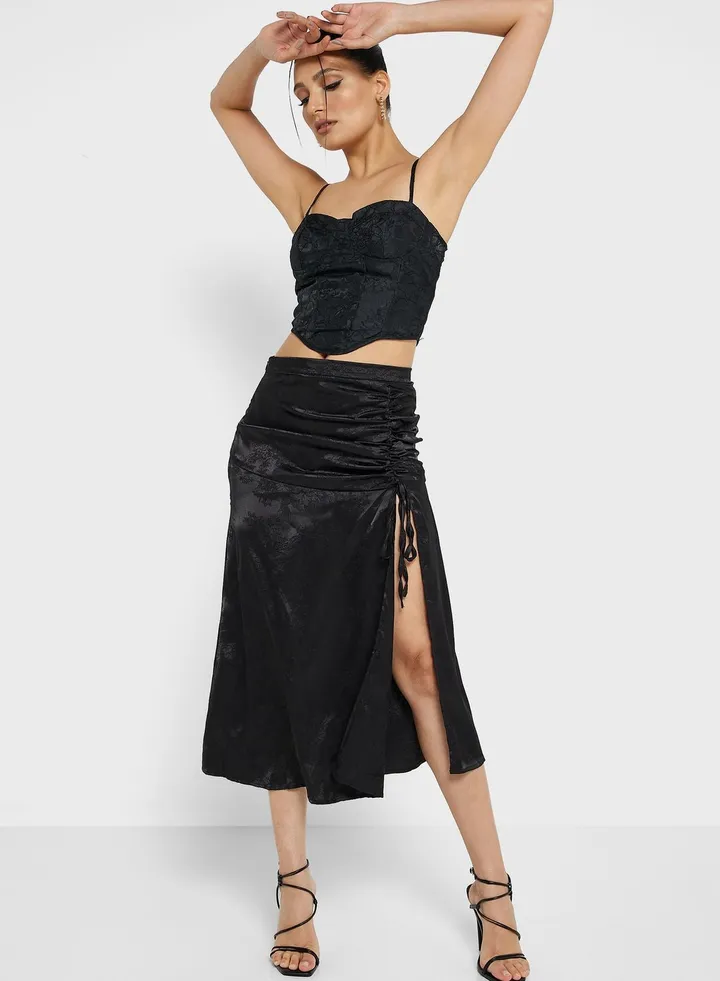 Ruched Jacquard Skirt With Slit