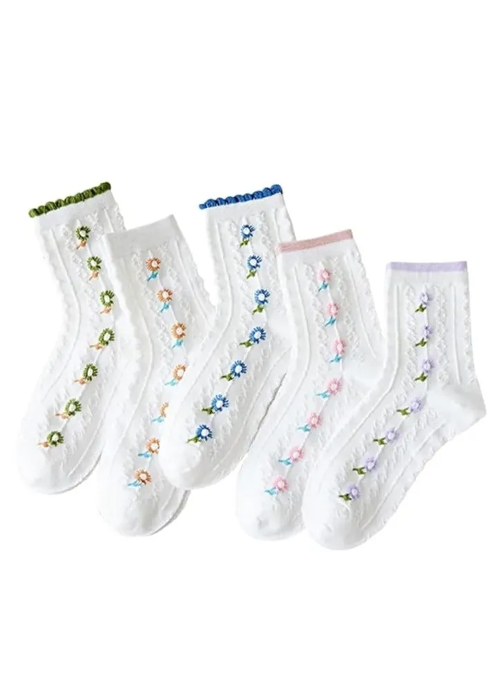5 Pairs Floral Lovely Design Cotton Socks