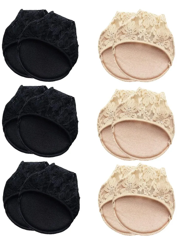 Half Toe Socks, 6 Pairs Lace Toe Topper Socks No Show Liner Seamless Socks with Padded Forefoot Non-Slip for Women One Size(Black, Nude)