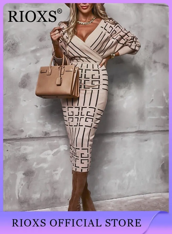 Womens Elegant V Neck Bodycon Work Dress Long Sleeve Party Wedding Long Dress For Special Occasions