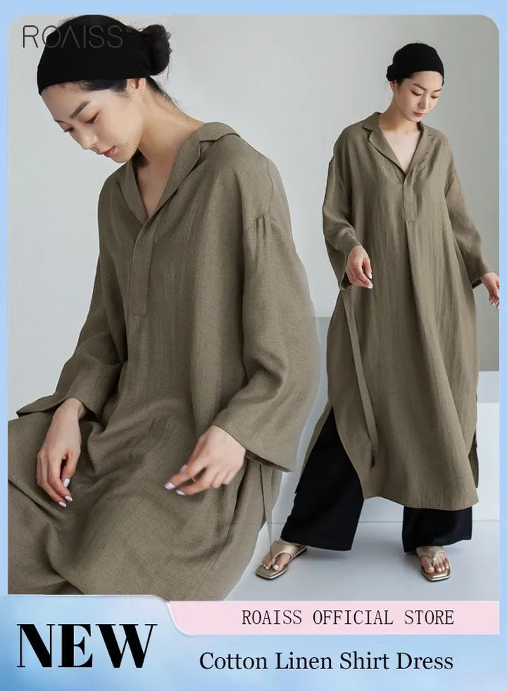 Women's Casual Cotton Linen Dress Classic Lapel V-Neckline Loose Long Sleeved Side Slit Fashion Dress